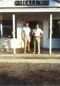 Ralph and Frank Catchpole waiting on  the fishing day in front of Halls' Bait Store, marathon, Florida